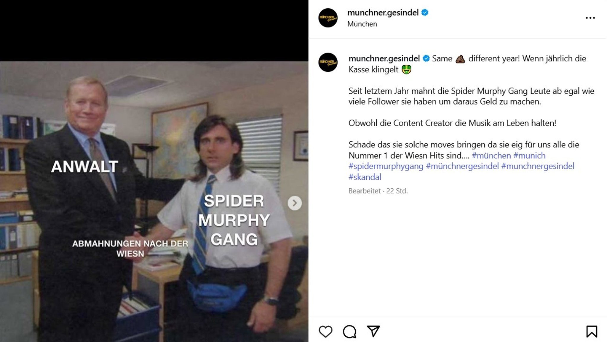 Post auf dem Instagram-Kanal von "Münchner Gesindel"