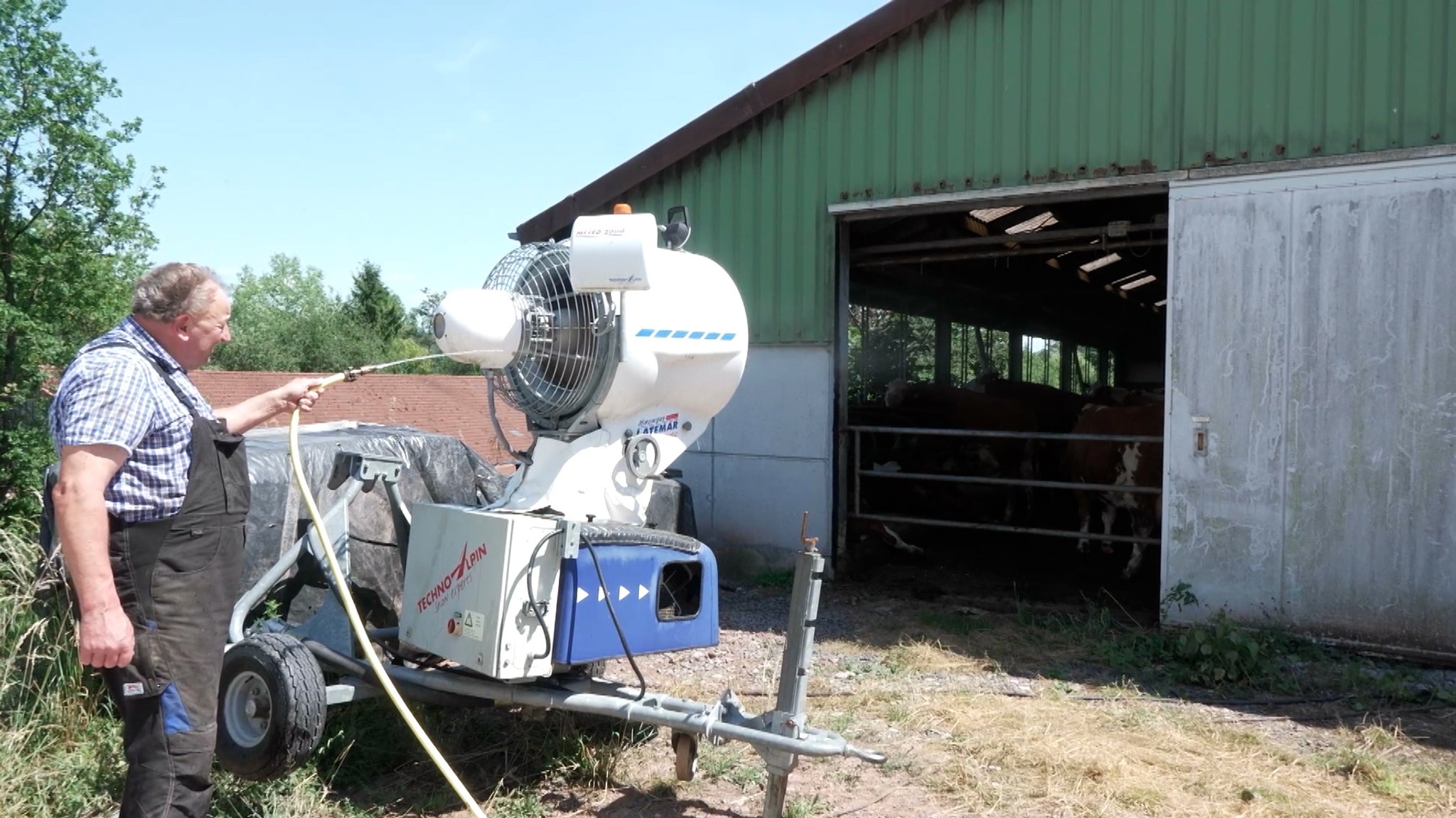 Ein Landwirt kühlt seinen Kuhstall mit einer Schneekanone 