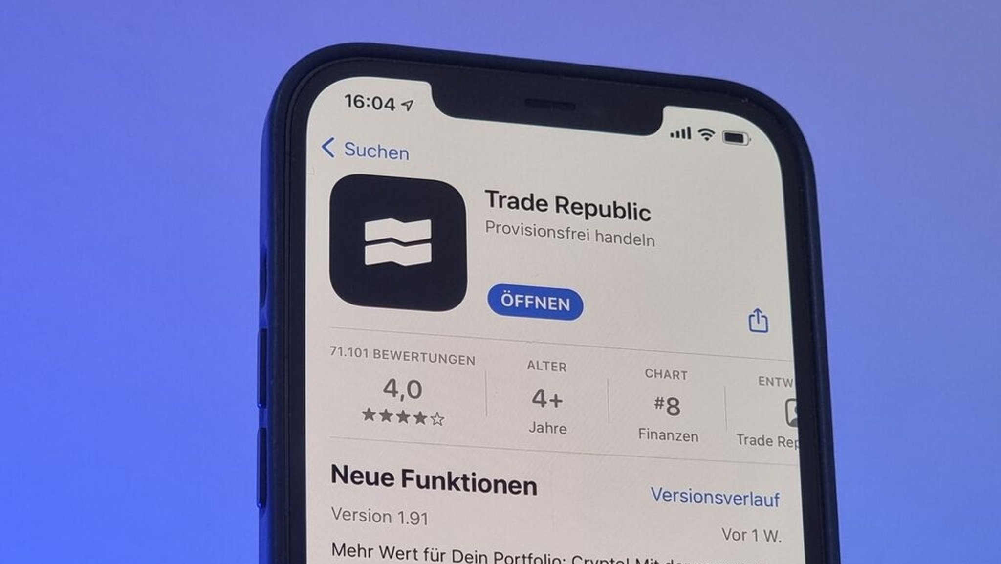 Die App von Trade Republic im App Store von Apple auf einem iPhone.