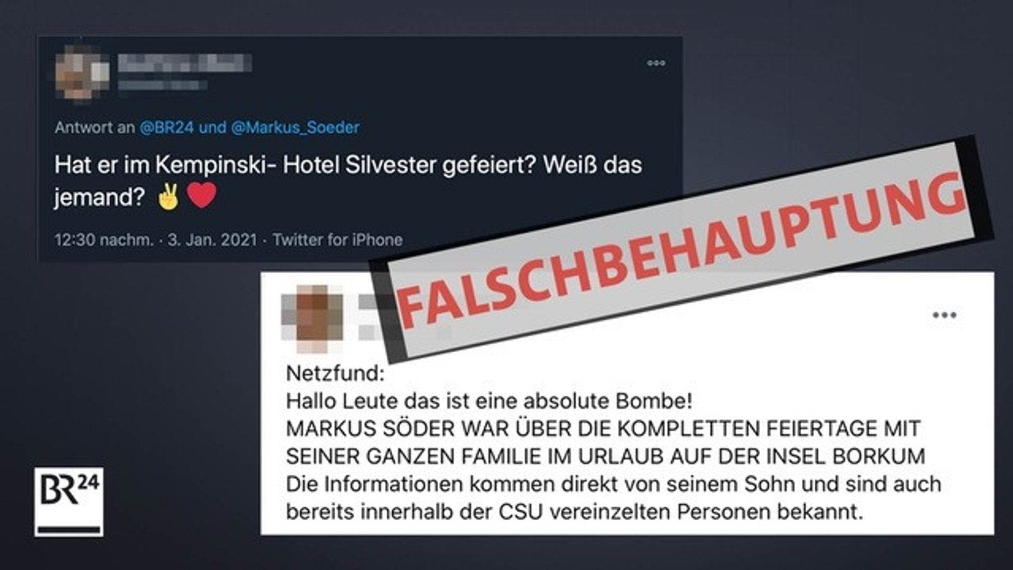 Posts falscher Behauptungen darüber, wo sich Ministerpräsident Söder an Silvester aufgehalten hat.