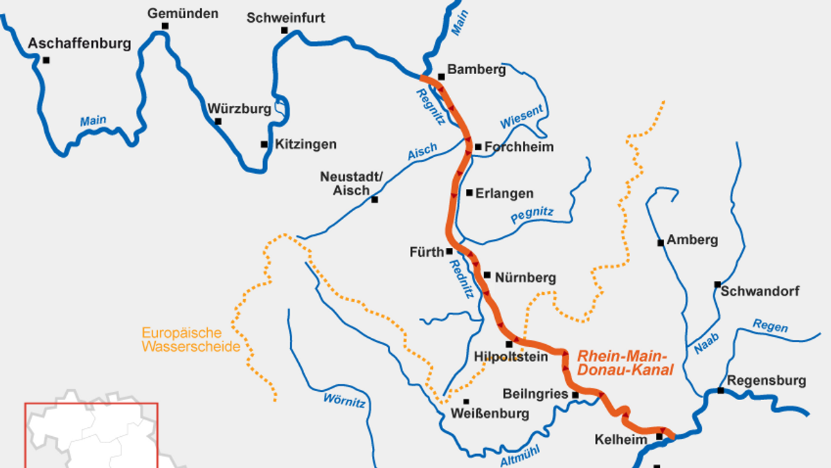 Der Main-Donau-Kanal von Bamberg nach Kelheim auf einer Karte. 
