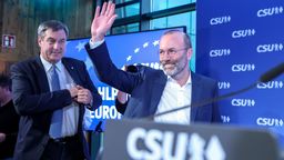München, 09.06.24: CSU-Spitzenkandidat Weber (r.) und Parteichef Söder (l.) bei der Wahlparty zur Europawahl in der CSU-Landesleitung. | Bild:pa/dpa/Revierfoto