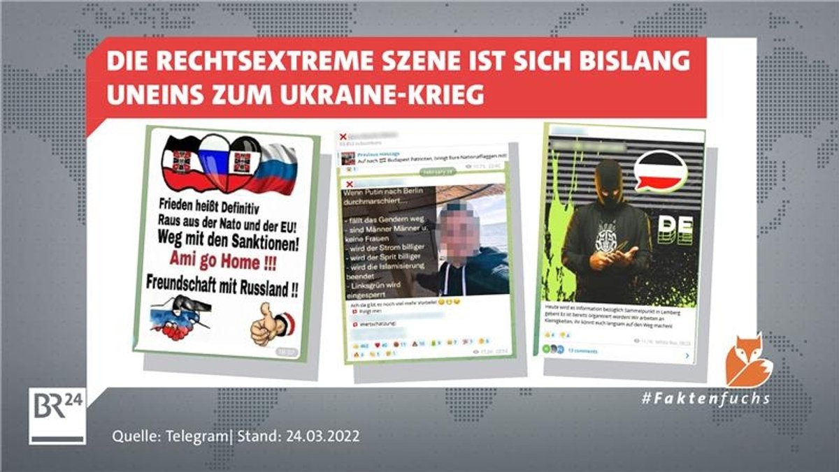 Die rechtsextreme Szene ist sich bislang uneins zum Ukraine-Krieg - Grafik zeigt verschiedene Social Media-Posts