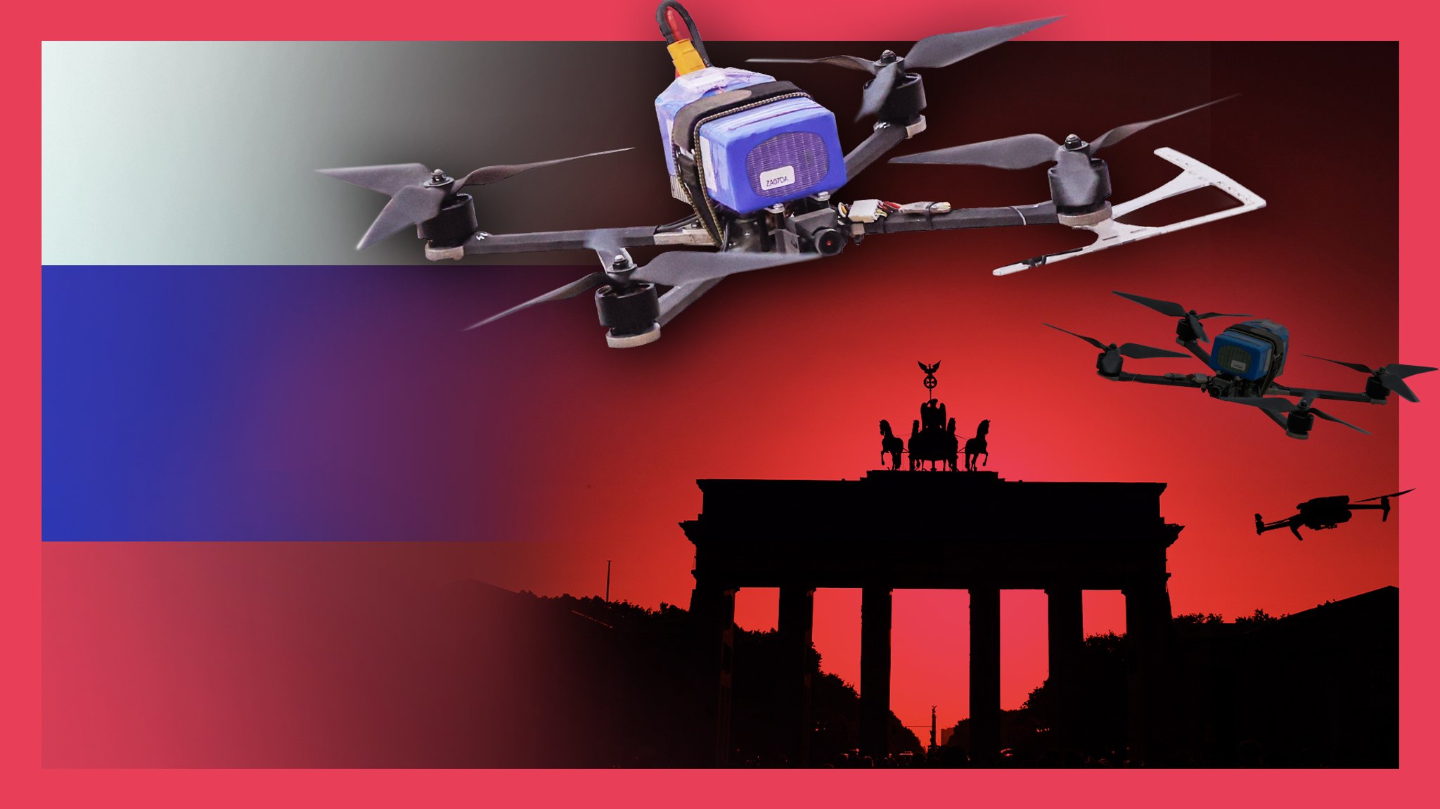 Schattenriss des Brandenburger Tors, Drohnen am Himmel, die russischen Farben am Rand des Bildes.