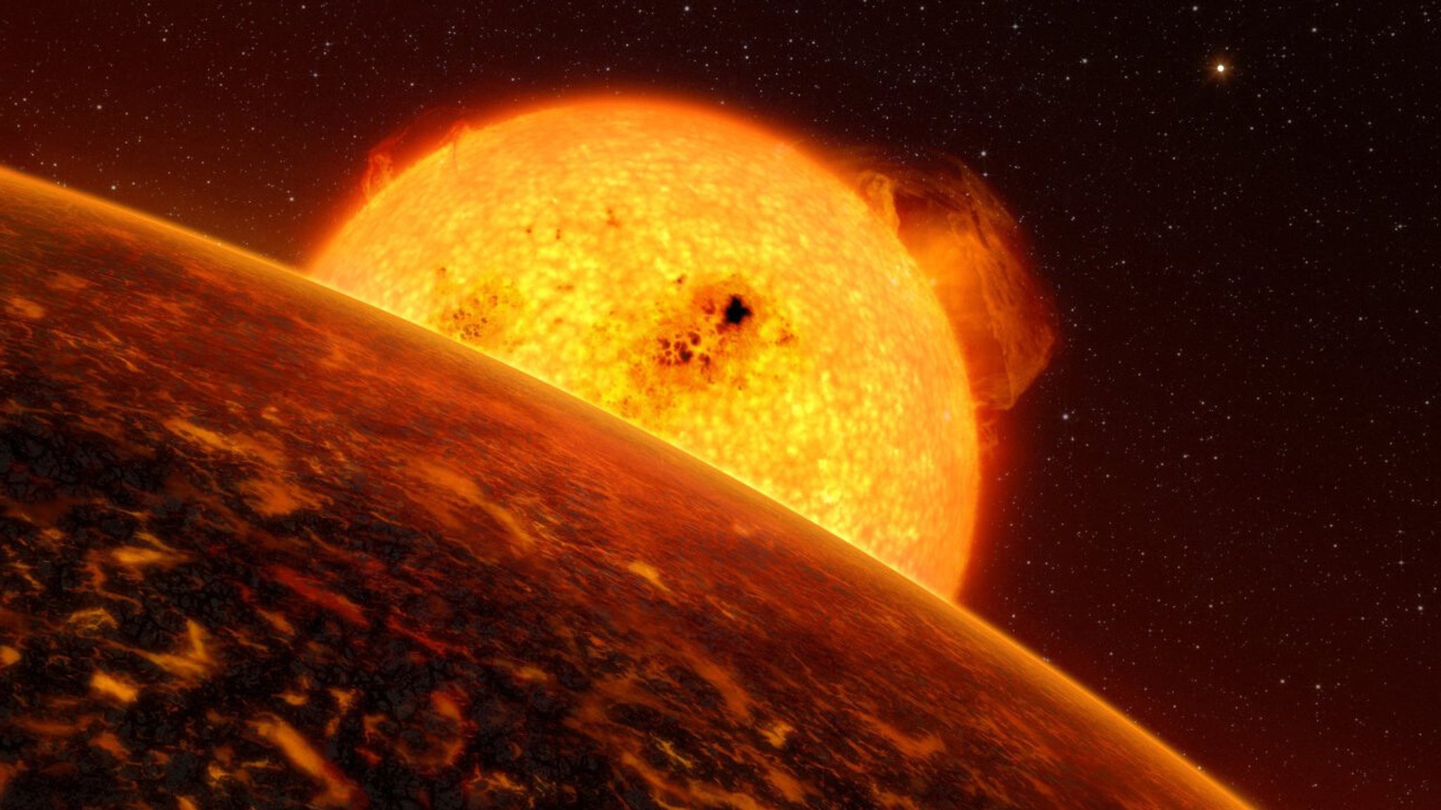 Die künstlerische Darstellung zeigt den Exoplaneten CoRoT-7B vor seiner Sonne.