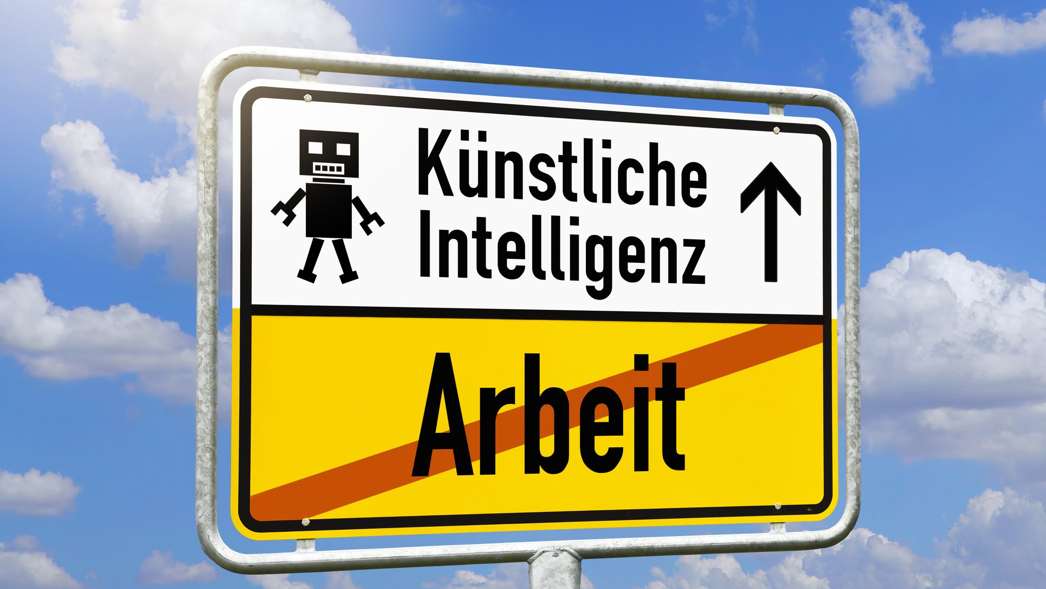 Schild mit Aufschrift Künstliche Intelligenz und durchgestrichener Aufschrift Arbeit 