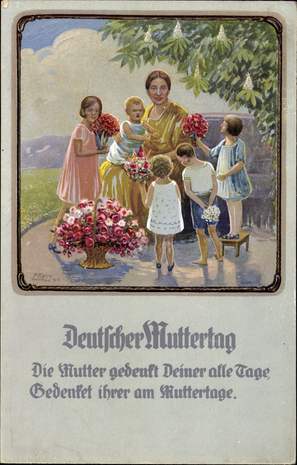 Historische Karte mit einer Mutter und mehreren Kindern mit Blumensträußen