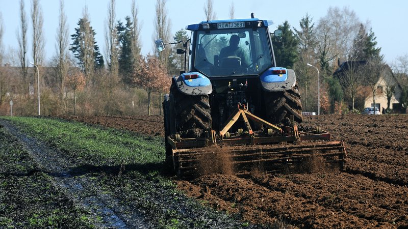 Klärschlamm wird von einem Traktor auf ein Maisfeld eingebracht.