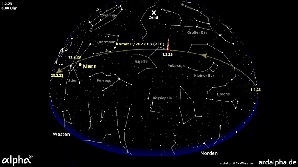 Sternkarte für Komet C/2022 E3 (ZTF) im Januar und Februar 2023.