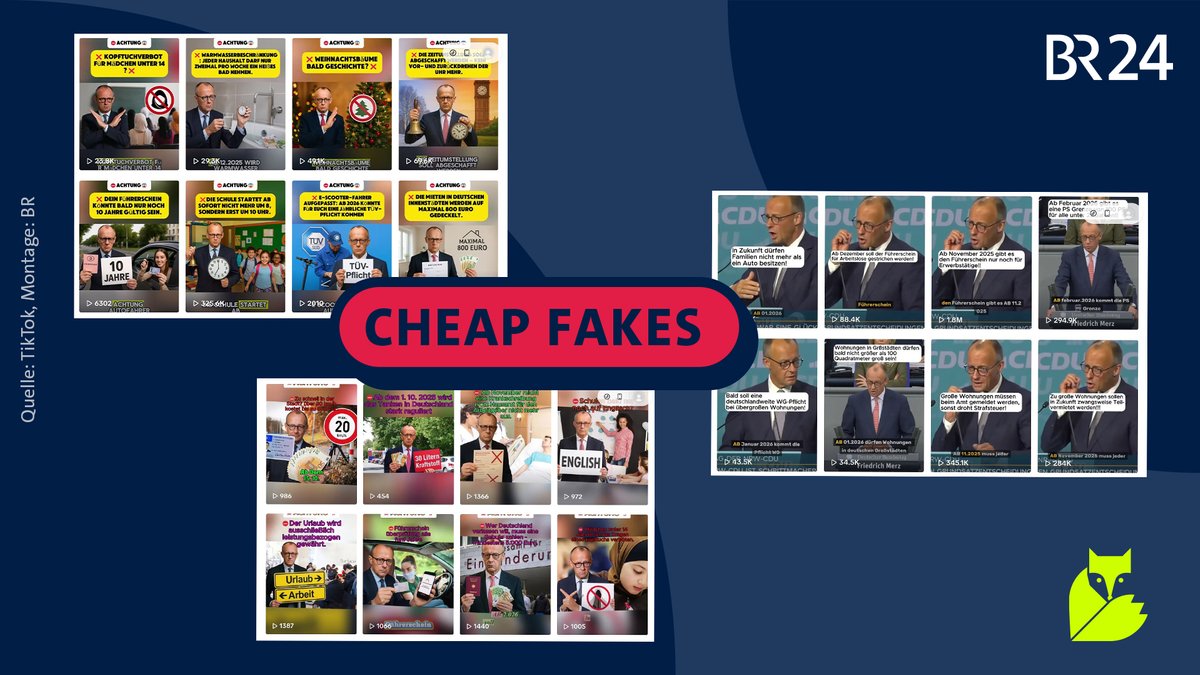 Screenshots vieler von TikTok-Accounts geposteten Fake-Nachrichtenvideos, darauf der Stempel "Cheap Fakes". | Bild: TikTok, Montage: BR Screenshots vieler von TikTok-Accounts geposteten Fake-Nachrichtenvideos, darauf der Stempel "Cheap Fakes".