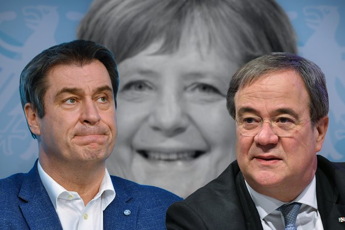 Fotomontage: Der bayerische Ministerpräsident und CSU-Chef Markus Söder, Bundeskanzlerin Angela Merkel (Mitte) und CDU-Chef Armin Laschet.