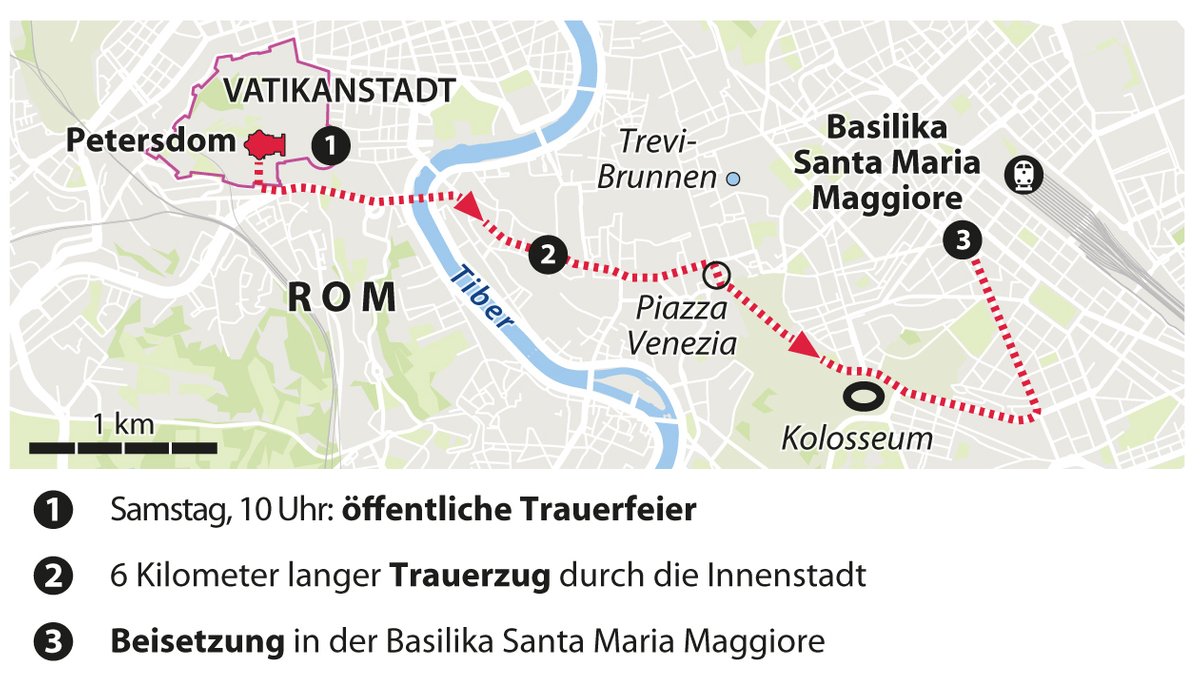 Die Rute des Trauerzugs vom Petersdom zur Basilika Santa Maria Maggiore