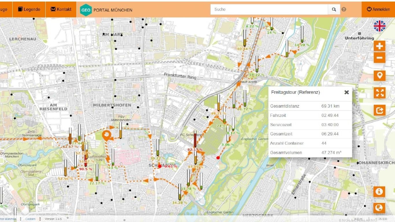 Übersicht der regulären Freitagsroute: Zwei Fahrzeuge, ca. 70 Kilometer, rund 6,5 Stunden Arbeitszeit. 