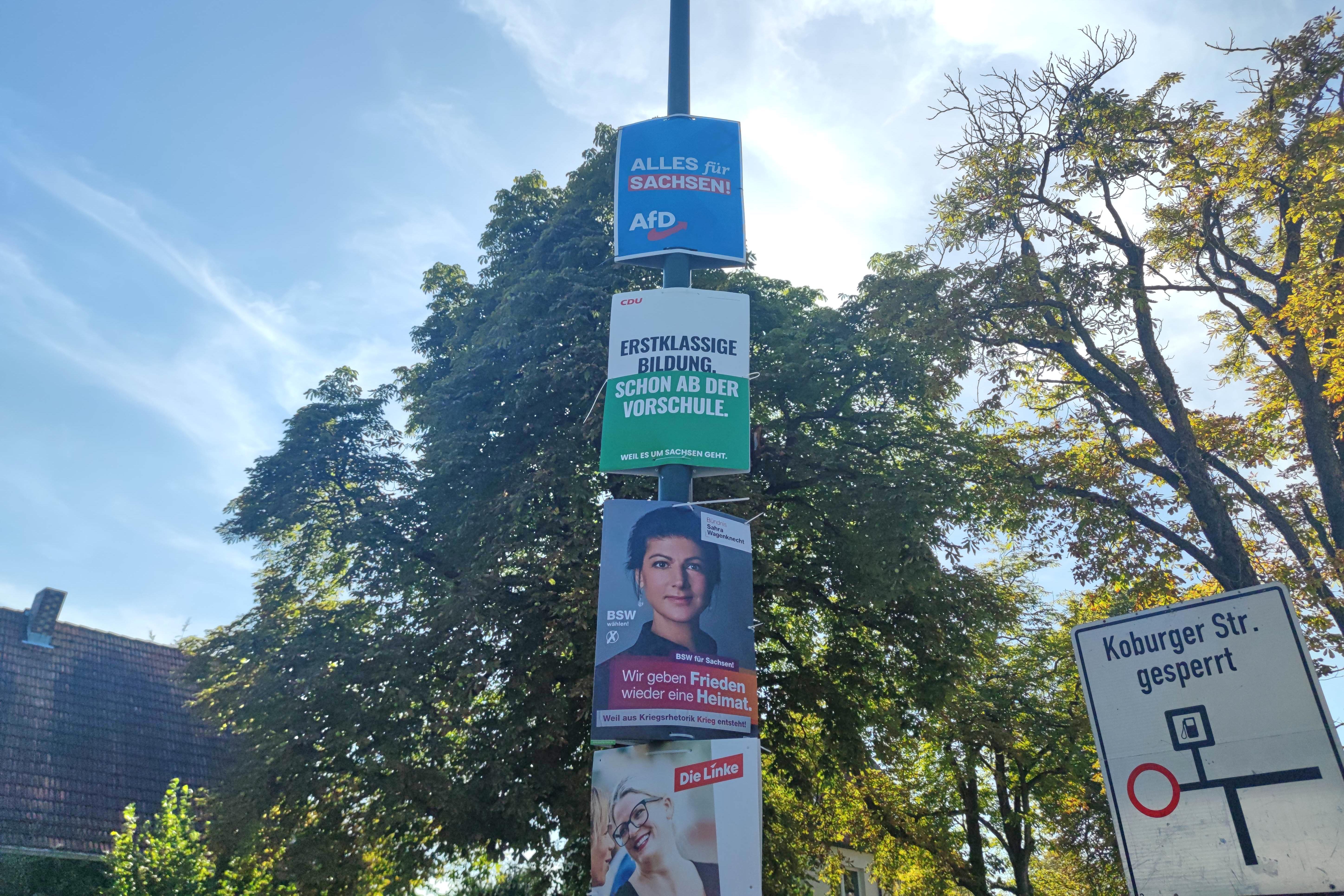 Wahlplakate zur Landtagswahl in Sachsen von AfD, CDU, BSW und Linke.