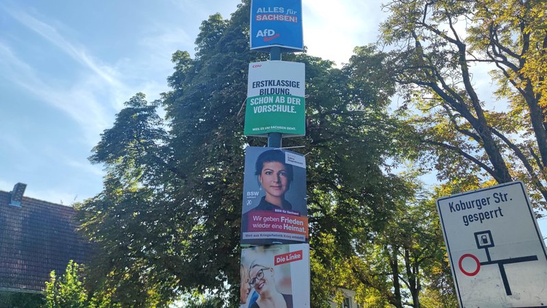 Wahlplakate zur Landtagswahl in Sachsen von AfD, CDU, BSW und Linke. | Bild: picture alliance / dts-Agentur | - Wahlplakate zur Landtagswahl in Sachsen von AfD, CDU, BSW und Linke.