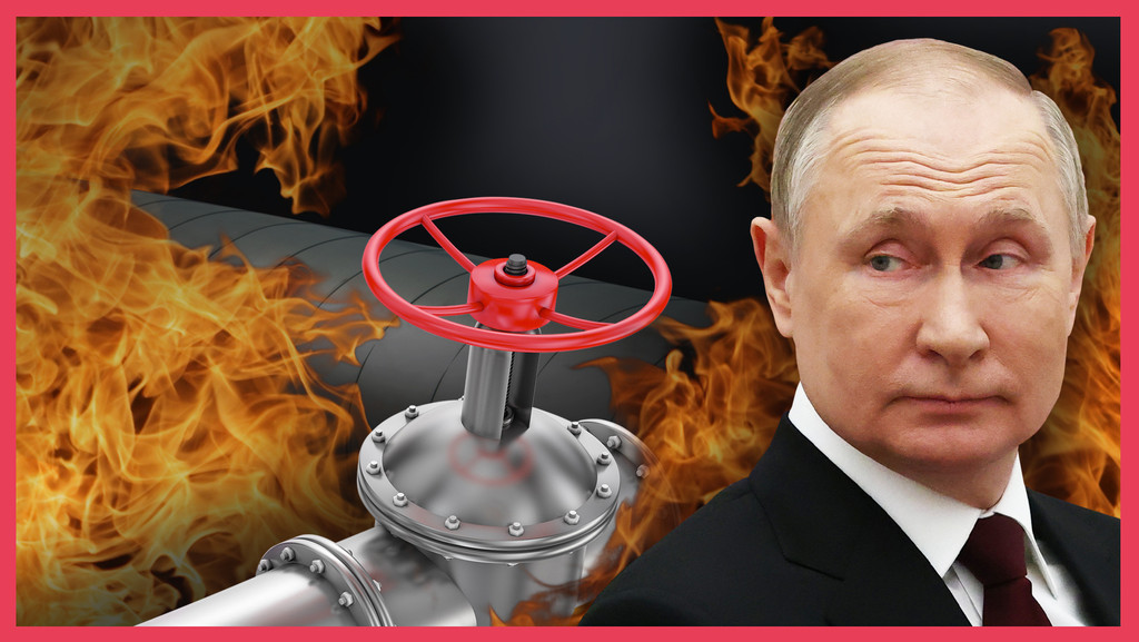 Das Bild ist eine Montage: Russlands Präsident steht in einem schwarzen Anzug mit roter Krawatte vor einem Gasrohr mit einem Drehrad. Um ihn herum ist Feuer montiert.