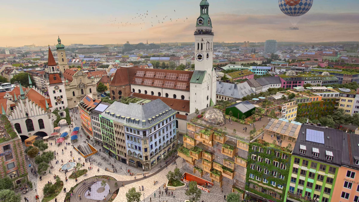 So könnte der Marienplatz 2045 aussehen. In der fotorealistischen Grafik wurde die versiegelte Einkaufsstraße an manchen Stellen aufgerissen.