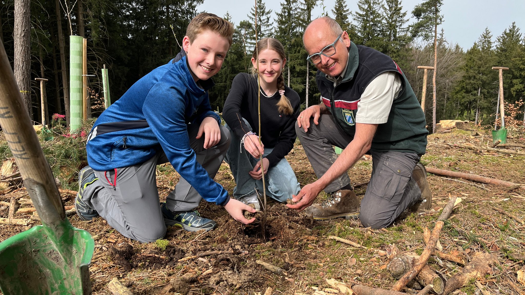 Felix und Katharina setzen gemeinsam mit Förster Frank Kroll einen Baum ein.