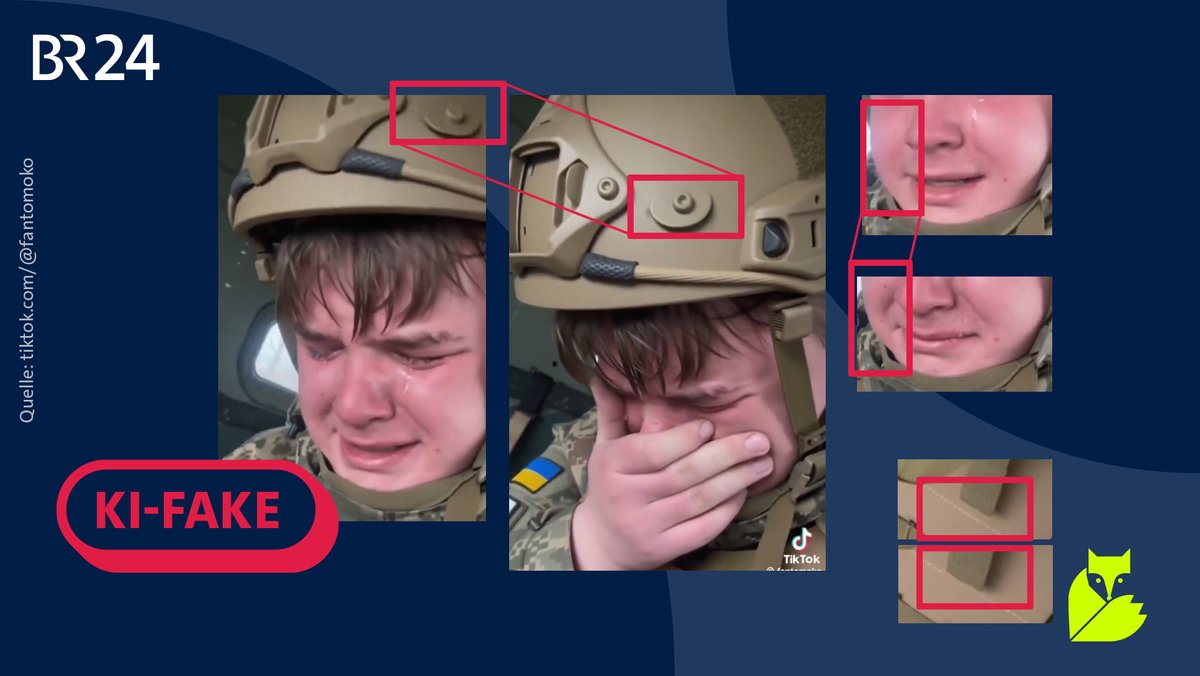 Screenshots eines KI-Deepfakes eines ukrainischen Soldaten, darüber der Stempel "KI-Fake". | Bild: tiktok.com/@fantomoko; Bearbeitung: BR Screenshots eines KI-Deepfakes eines ukrainischen Soldaten, darüber der Stempel "KI-Fake".