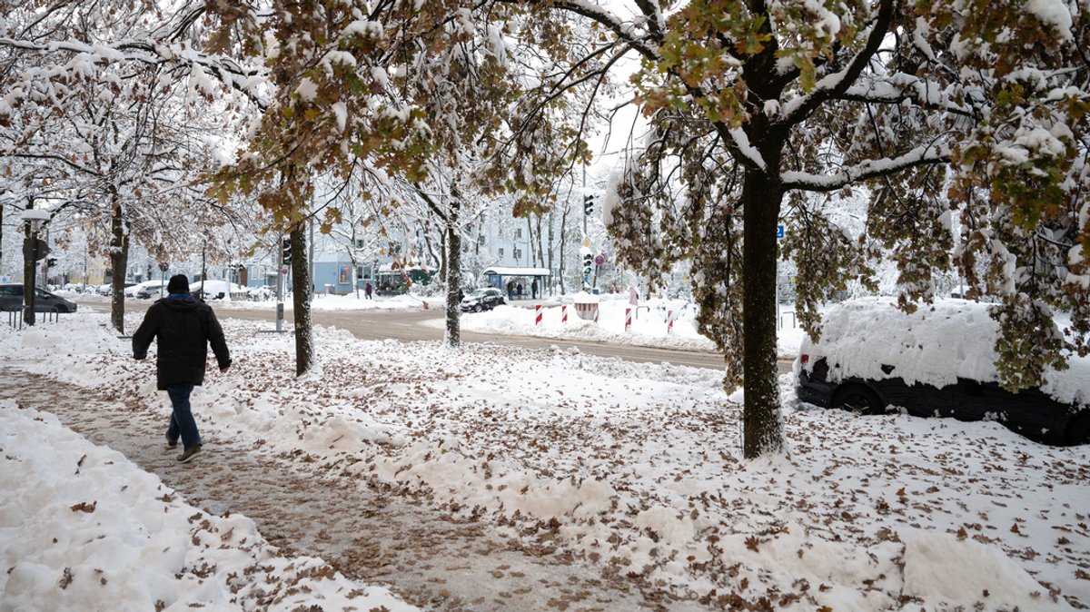 Ein Mann läuft an einem Baum vorbei, der durch den Schnee seine Blätter verloren hat.