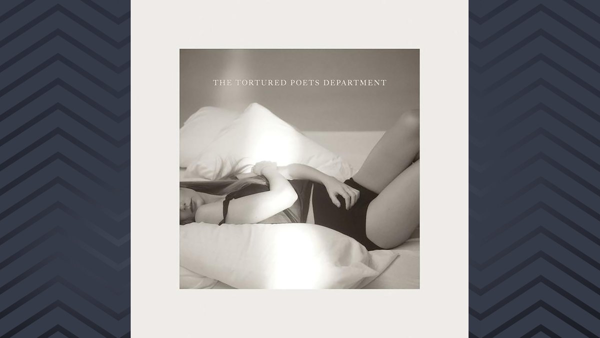 Albumcover von Taylor Swifts neuem Album "The Tortured Poets Department": Swift in schwarzer Unterwäsche auf einem weißen Bett, das Gesicht nur halb im Bild.