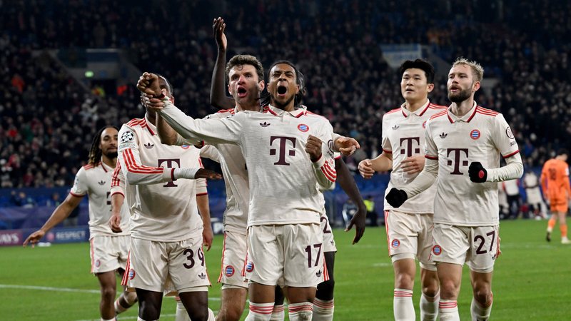 FC-Bayern-Spieler bejubeln das Tor von Michael Olise | Bild: picture alliance/dpa | David Inderlied FC-Bayern-Spieler bejubeln das Tor von Michael Olise