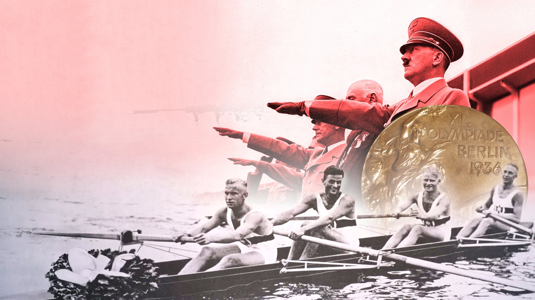 Collage aus Ruderern, Goldmedaille und Adolf Hitler - als Symbolbild für die Olymischen Spiel 1936 in Berlin
