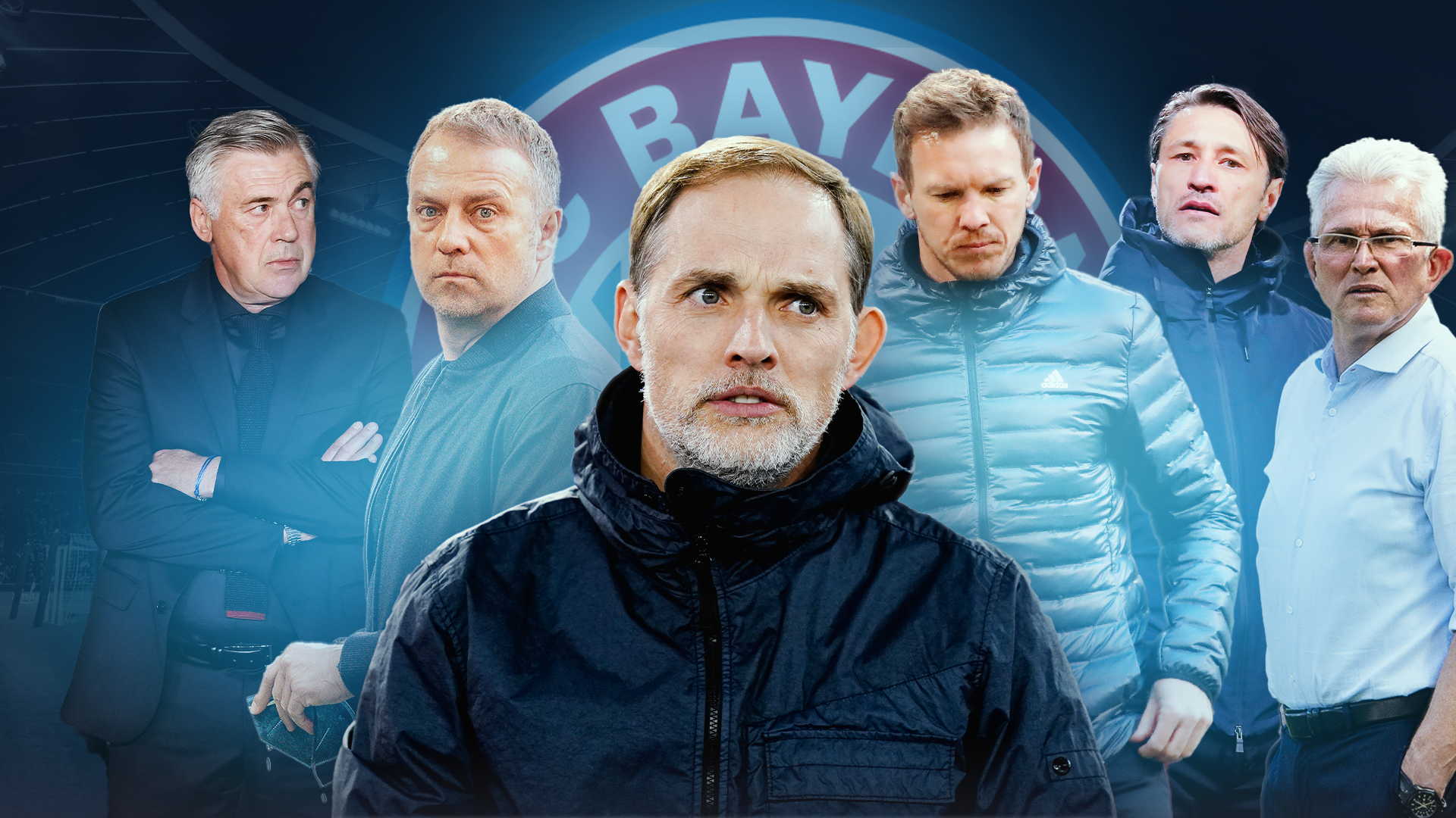 Die vergangenen Bayern-Trainer: Carlo Ancelotti, Hansi Flick, Thomas Tuchel, Julian Nagelsmann, Niko Kovac und Jupp Heynckes (v.r.n.l.)