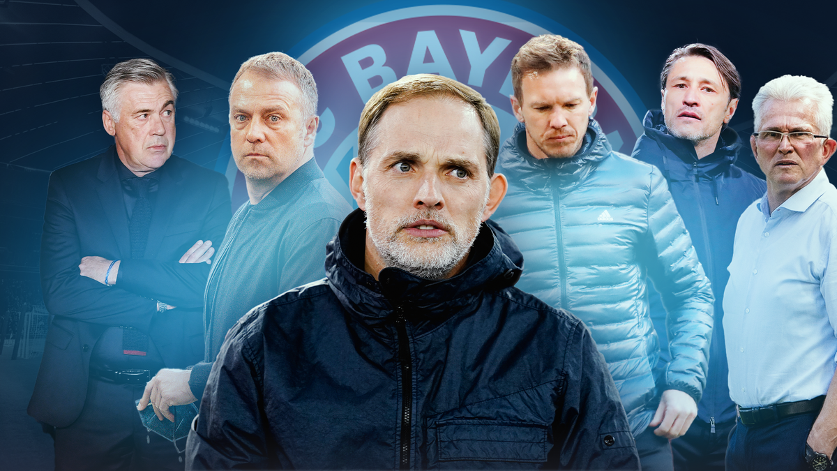 Die vergangenen Bayern-Trainer: Carlo Ancelotti, Hansi Flick, Thomas Tuchel, Julian Nagelsmann, Niko Kovac und Jupp Heynckes (v.r.n.l.)