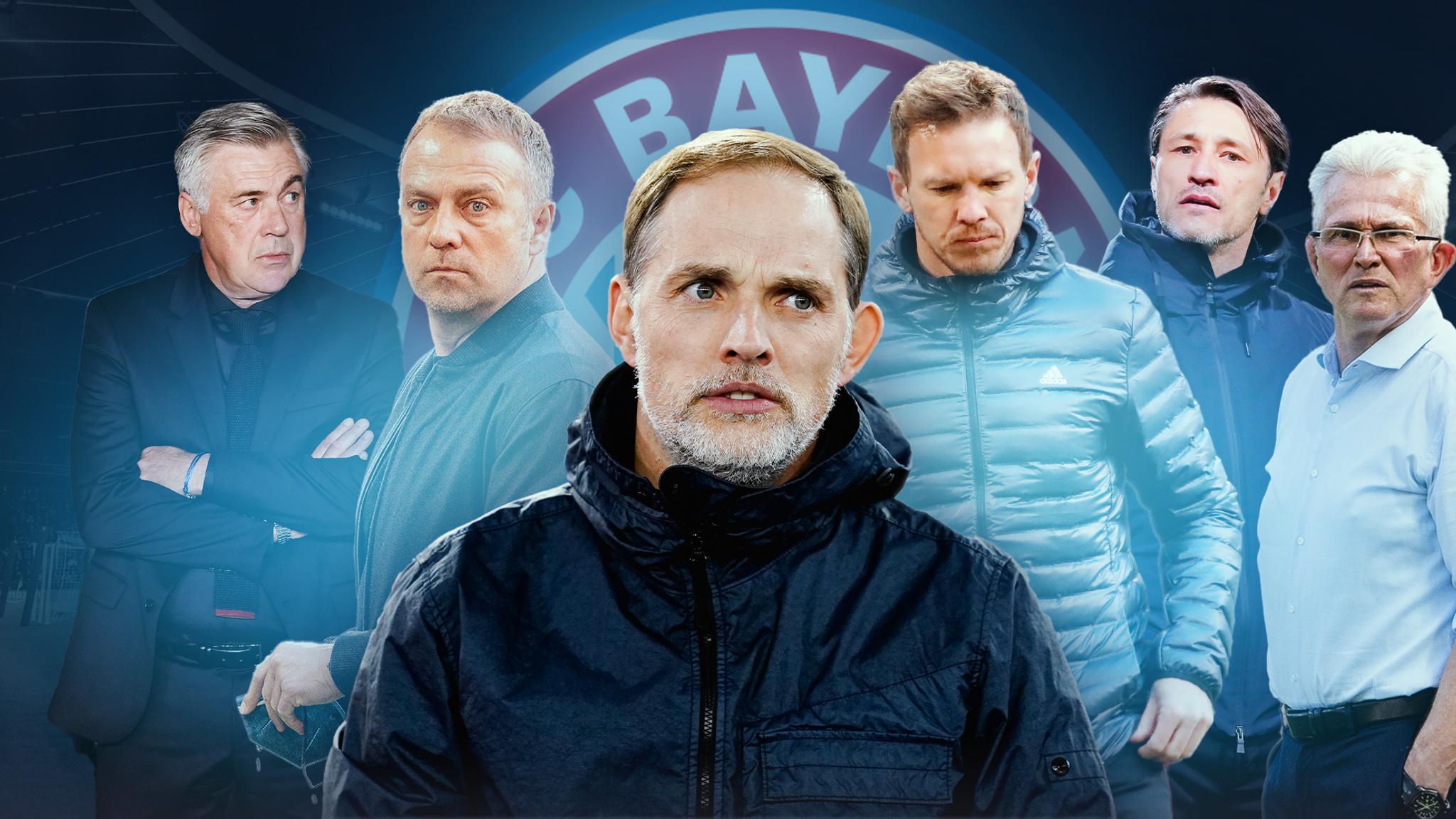 Die vergangenen Bayern-Trainer: Carlo Ancelotti, Hansi Flick, Thomas Tuchel, Julian Nagelsmann, Niko Kovac und Jupp Heynckes (v.r.n.l.)