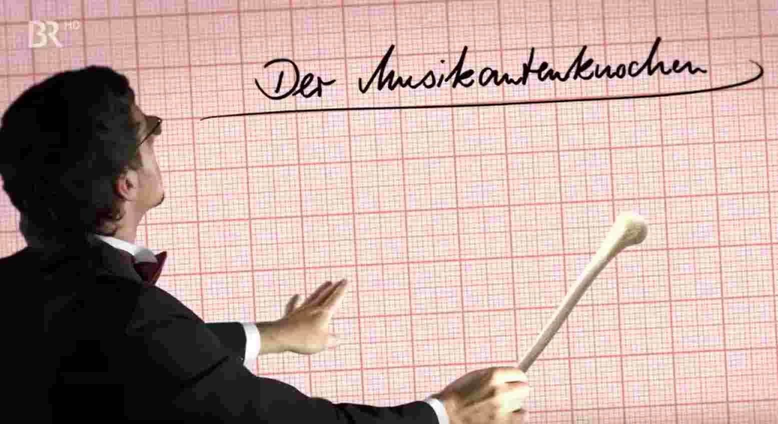 Dirigent von hinten mit einem Knochen in der Hand als Taktstock