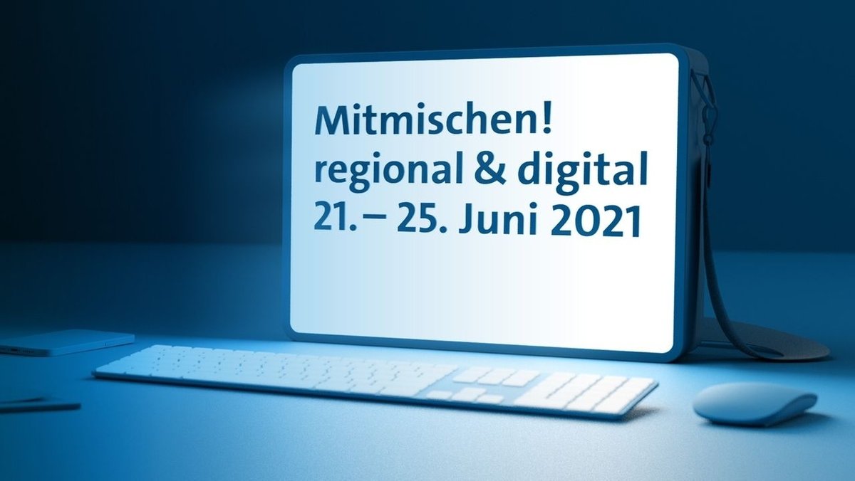 Ein Bildschirm mit der Aufschrift "Mitmischen! regional & digital 21.-25. Juni 2021"