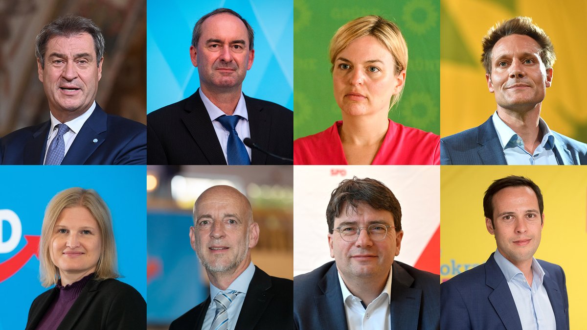 Markus Söder (CSU), Hubert Aiwanger (Freie Wähler), Katharina Schulze und Ludwig Hartmann (Grüne), Katrin Ebner-Steiner und Martin Böhm (AfD), Florian von Brunn (SPD), Martin Hagen (FDP)