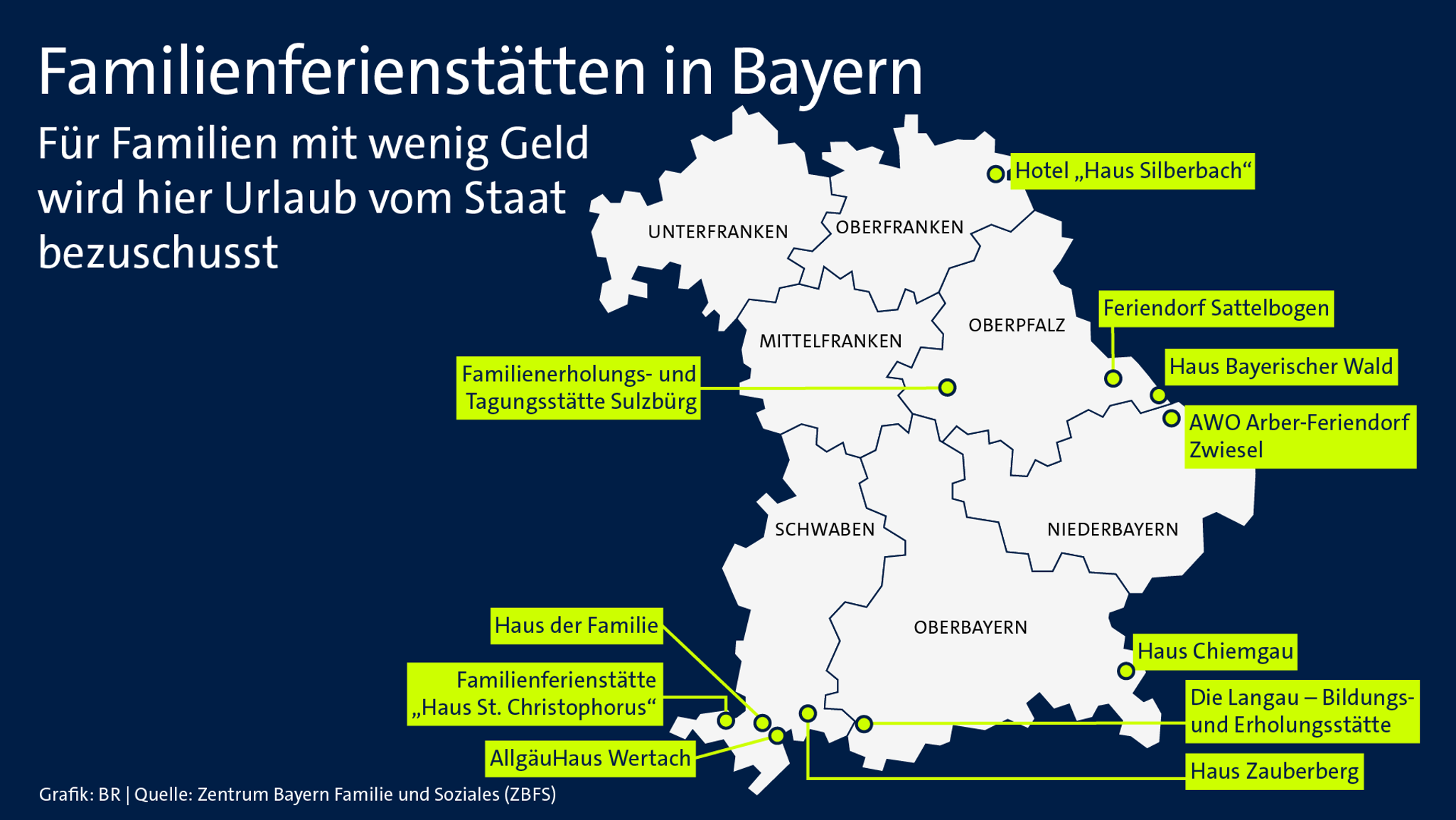 Eine Karte des Freistaats Bayern mit einem Verzeichnis der Familienferienstätten. 