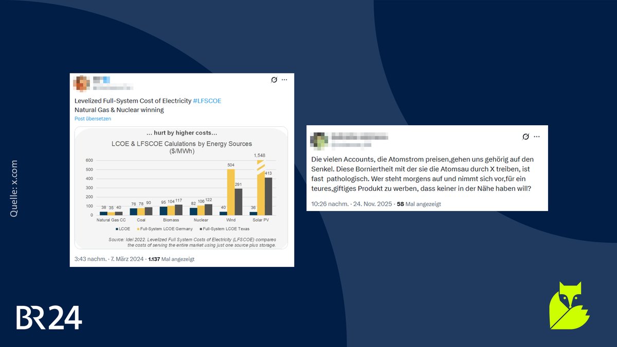 Screenshots mit Behauptungen zum Thema Atomstrom. | Bild: x.com; Montage: BR Screenshots mit Behauptungen zum Thema Atomstrom.