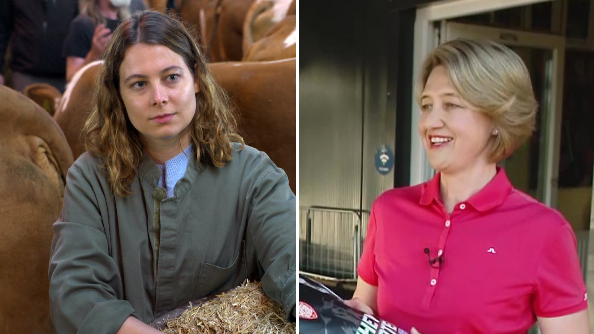 Jamila Schäfer (B‘90/Grüne) (l.) auf dem Bauernhof und Anja Weisgerber (CSU) (r.) im Fitnessstudio