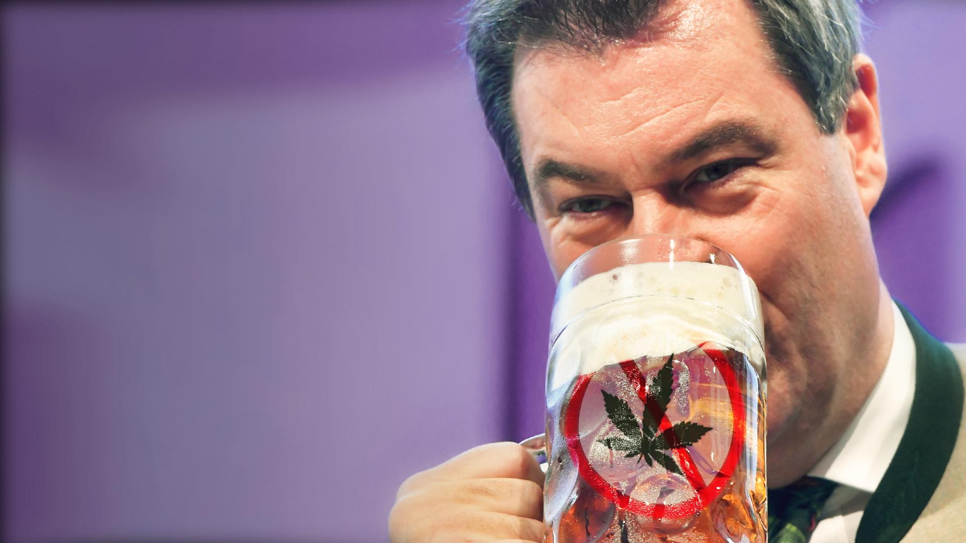 Montage Söder mit Maßkrug in dem ein durchgestrichenes Cannabisblatt schwimmt 