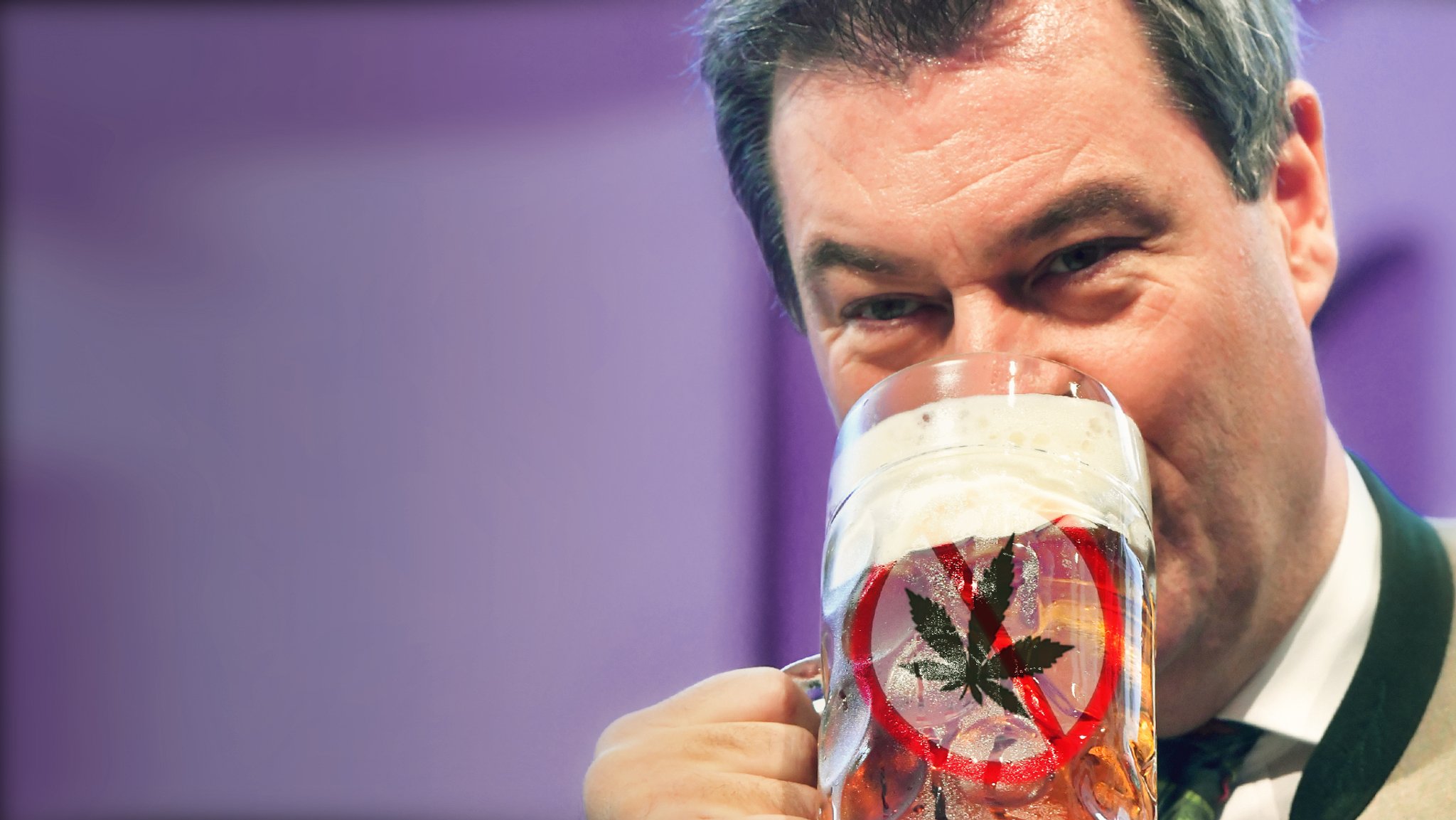 Montage Söder mit Maßkrug in dem ein durchgestrichenes Cannabisblatt schwimmt 