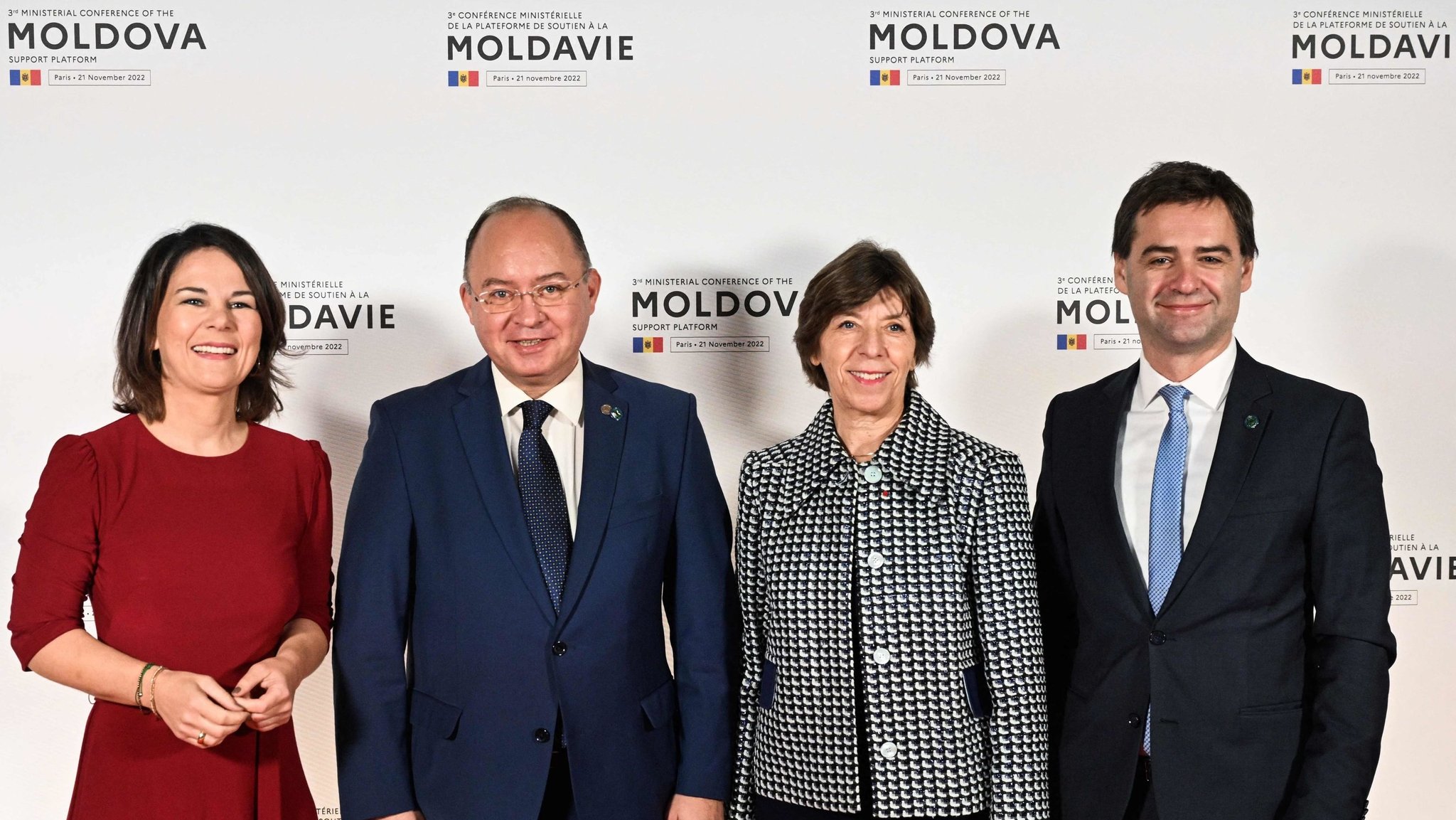 Bundesaußenministerin Annalena Baerbock (v.l.n.r.), Bogdan Aurescu, Außenminister von Rumänien, Catherine Colonna, franz. Ministerin für auswärtige und europäische Angelegenheiten, Nicu Popescu, Außenminister von Moldau