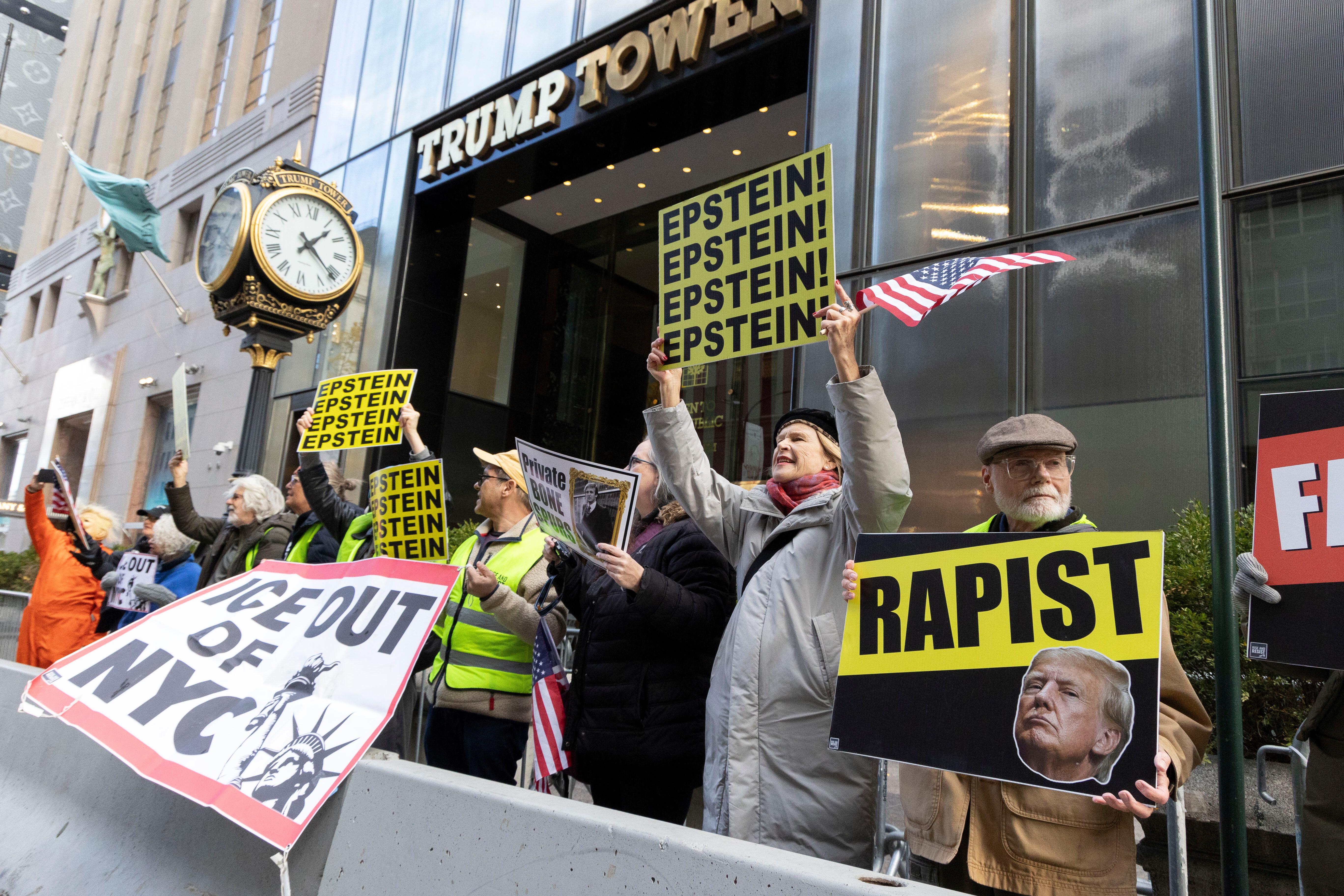 Anti-Trump-Demonstranten halten vor dem Trump Tower "Epstein"-Plakate in die Höh