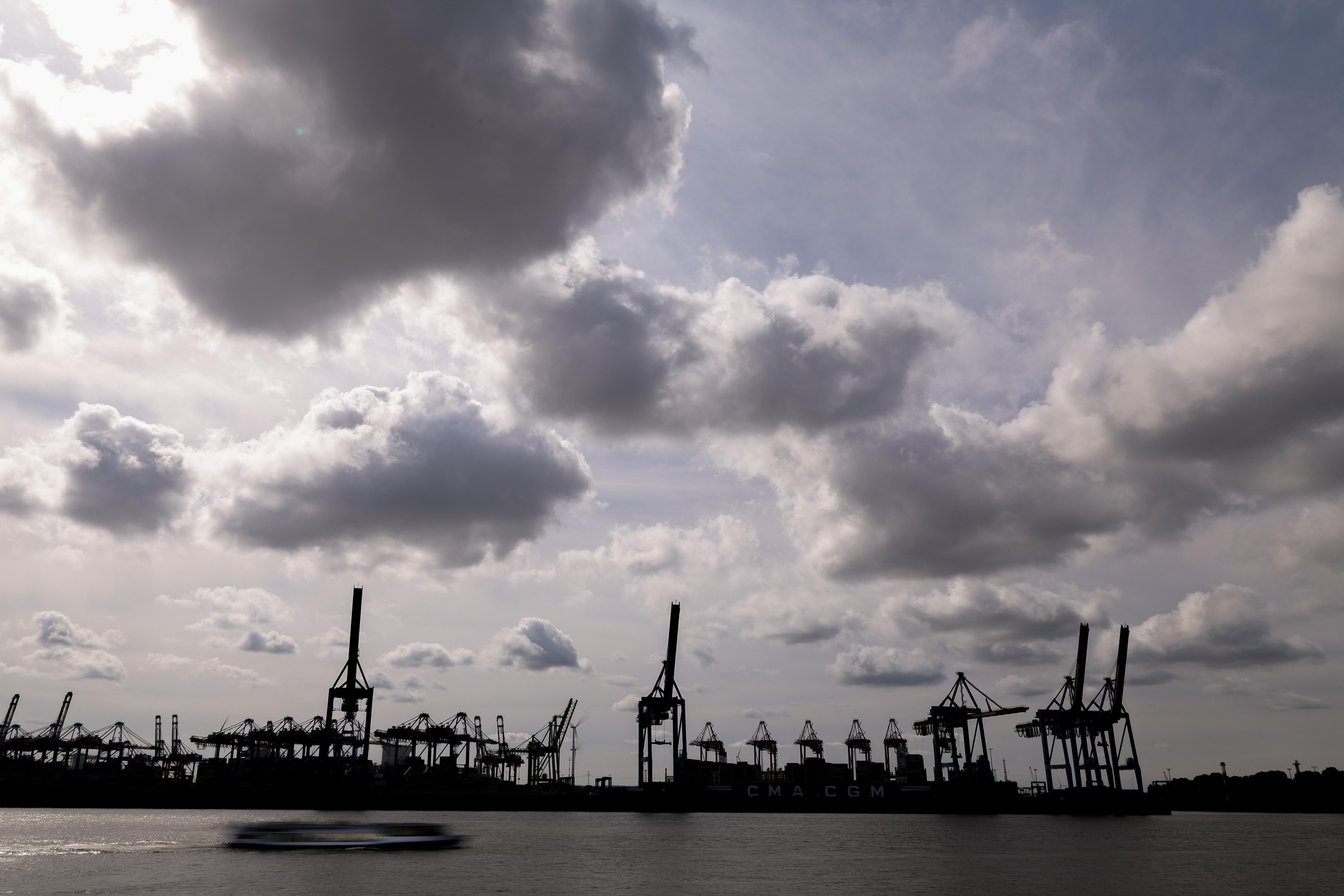 Containerbrücken ragen im Hamburger Hafen in den Himmel.
