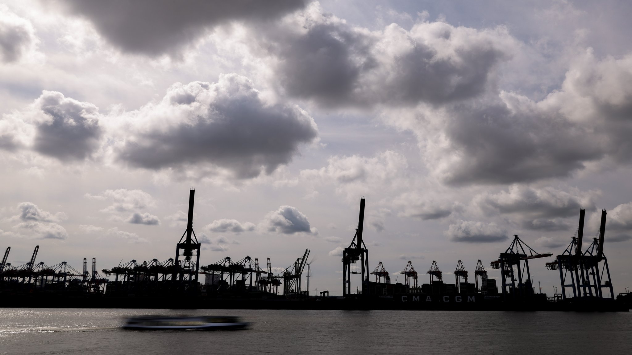 Containerbrücken ragen im Hamburger Hafen in den Himmel.