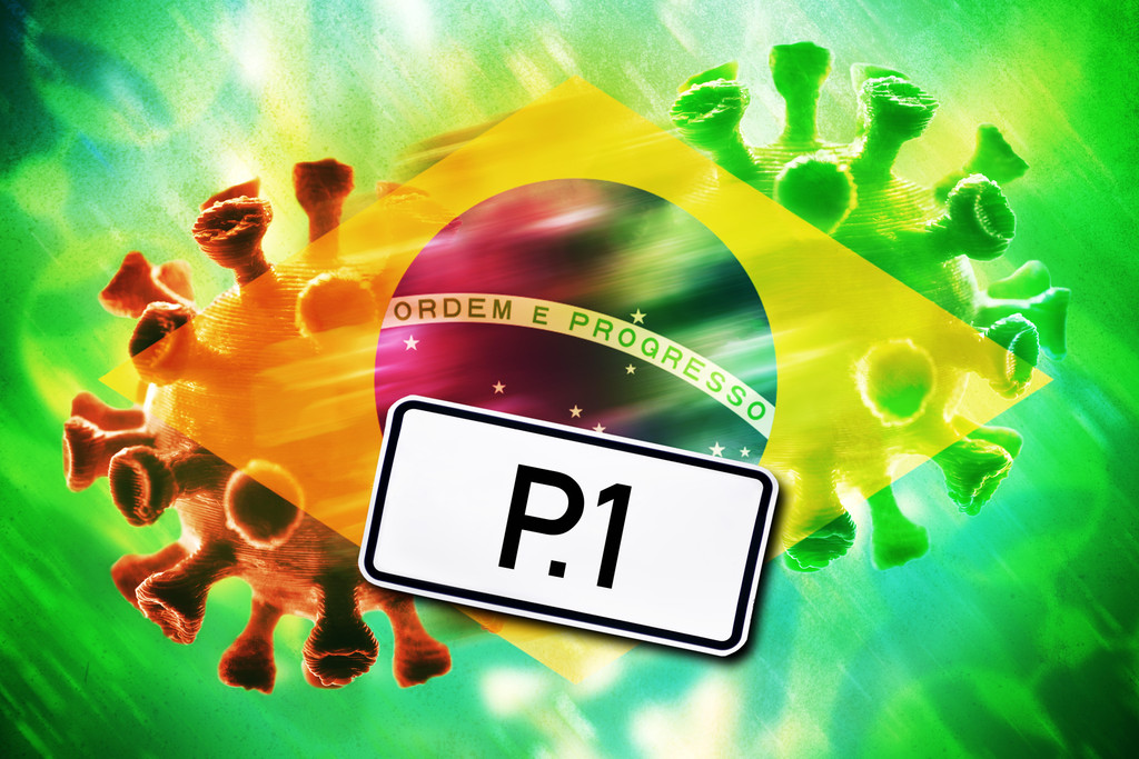 Das Symbolfoto zeigt die brasilianische Flagge, zwei Coronaviren im Hintergrund sowie ein weißes Schild mit der Aufschrift P.1