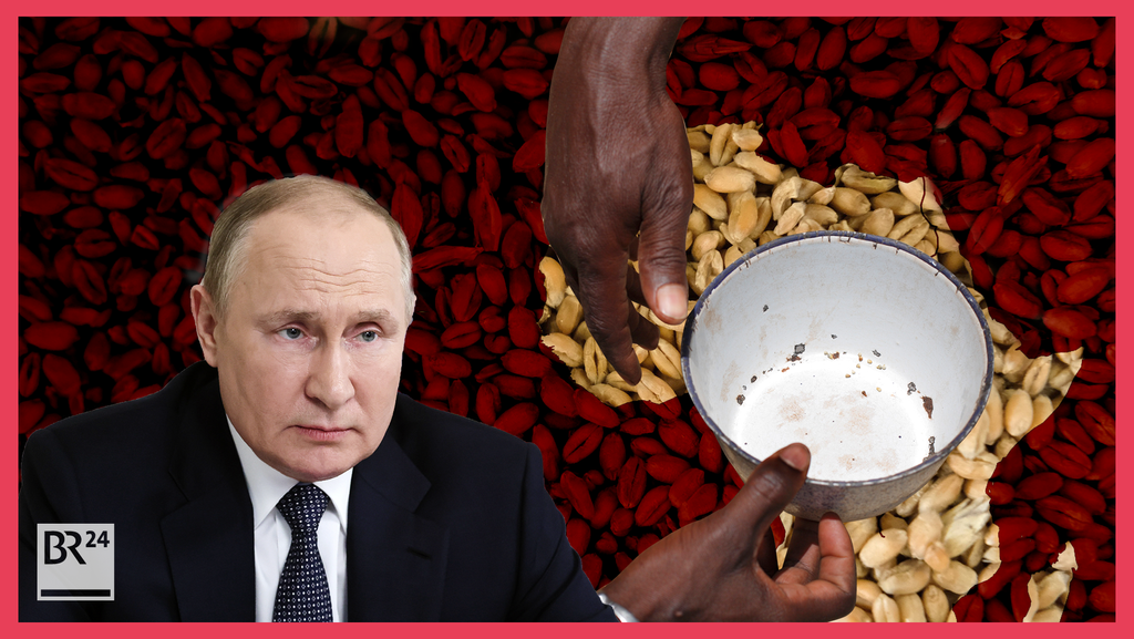 Wladimir Putin mit ernstem Blick. Neben ihm wird eine leere Schüssel von einer Hand zur anderen gereicht. Im Hintergrund die Umrisse des afrikanischen Kontinents auf Zerealien.
