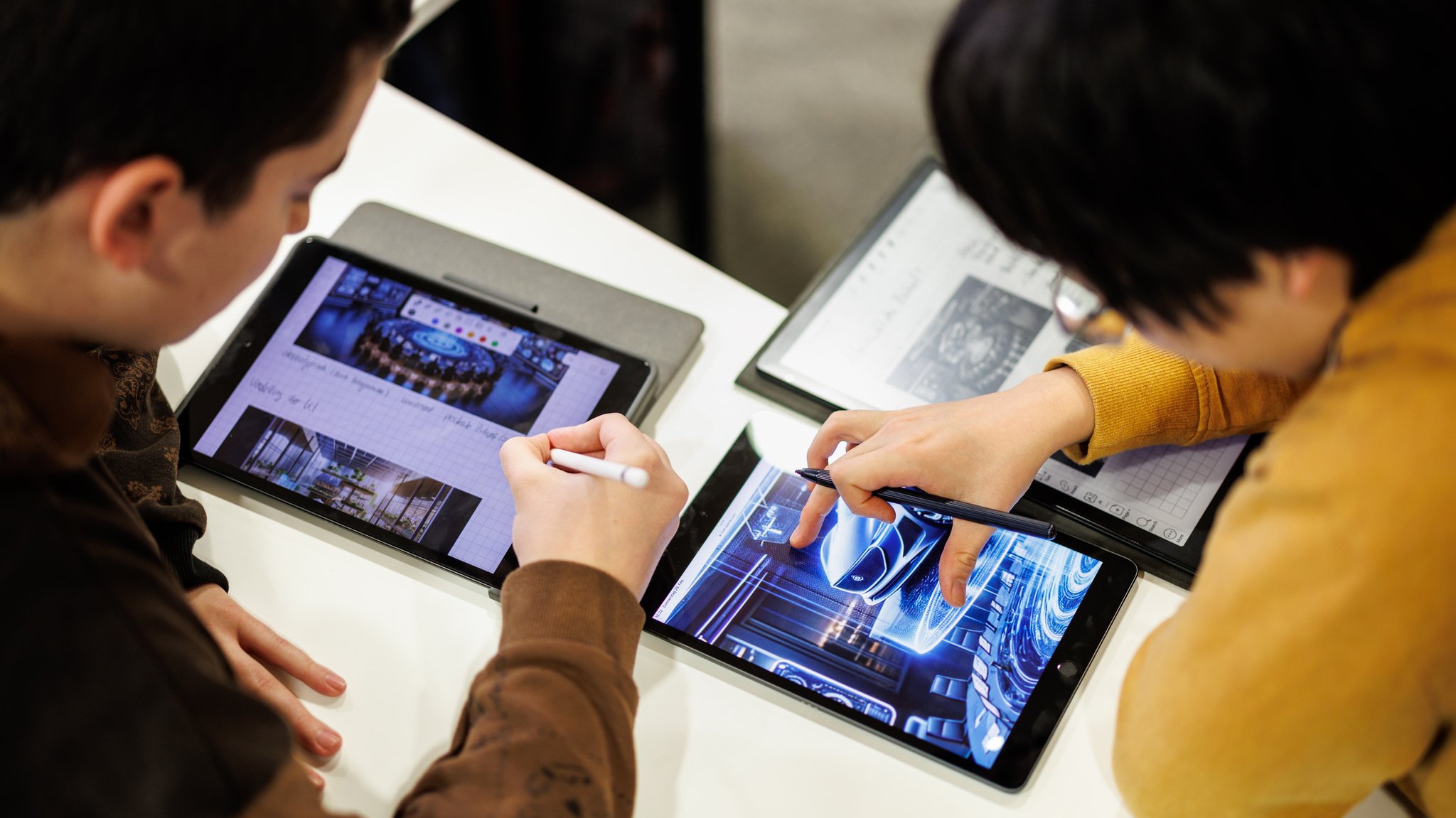 Schüler einer elften Klasse des Oskar-Maria-Graf-Gymnasiums in Neufahrn arbeiten an ihren Tablets.