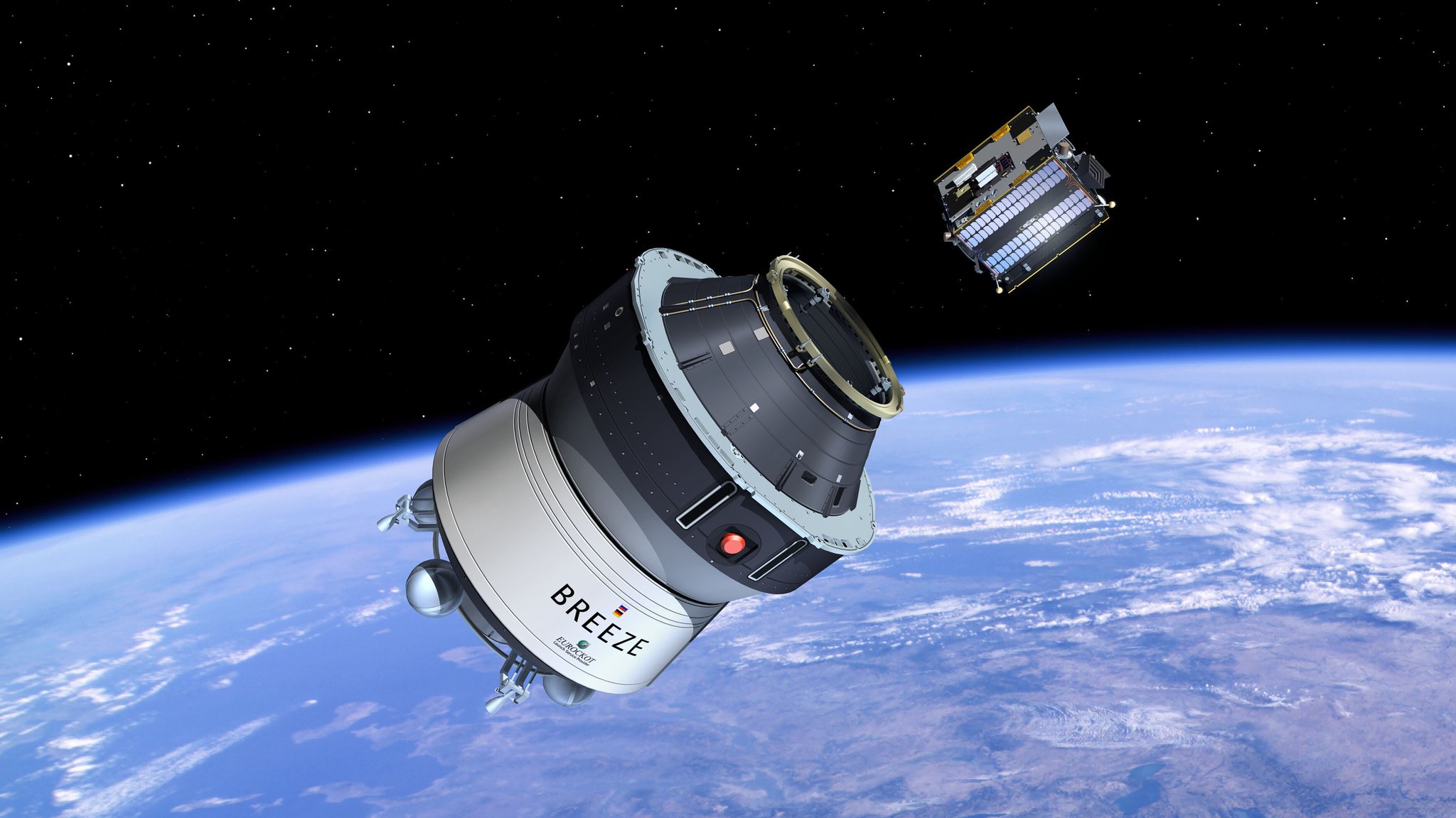 Die Illustration zeigt den esa-Kleinsatelliten Proba-2 (oben), der sich von der "Breeze"-Oberstufe der Trägerrakete Rokot gelöst hat (Handout von 2009). Zuvor war der Satellit SMOS (nicht im Bild) ausgesetzt worden.
