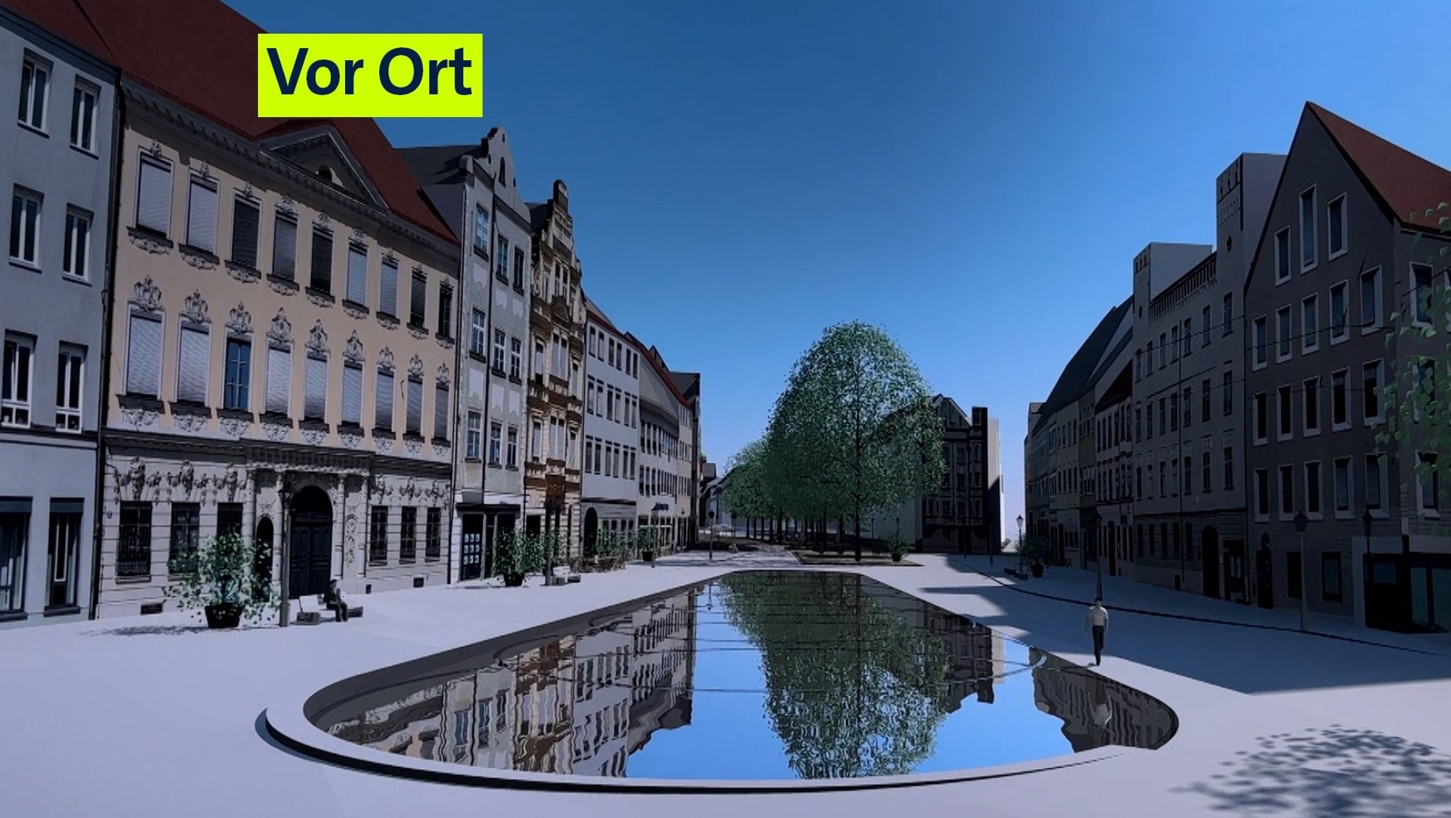 Animiertes Bild: Blick auf den Ulrichsplatz in Augsburg in Richtung Maximilianstraße mit einer großen Wasserfläche im Vordergrund und einer Baumreihe im Hintergrund. | Bild: BR/Barbara Leinfelder Animiertes Bild: Blick auf den Ulrichsplatz in Augsburg in Richtung Maximilianstraße mit einer großen Wasserfläche im Vordergrund und einer Baumreihe im Hintergrund.