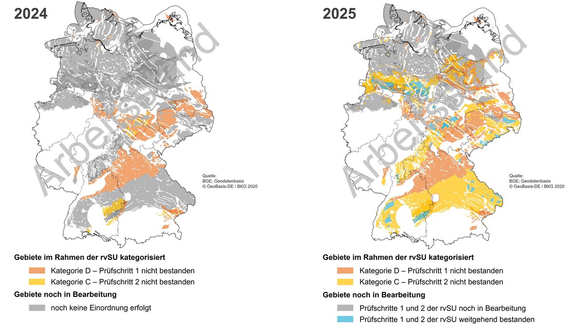 Die Grafik zeigt die Entwicklung der Arbeitsstände von 2024 und 2025 im Bezug auf geeignete Standorte für ein Atommüll-Endlager in Deutschland. | Bild: BGE Die Grafik zeigt die Entwicklung der Arbeitsstände von 2024 und 2025 im Bezug auf geeignete Standorte für ein Atommüll-Endlager in Deutschland.
