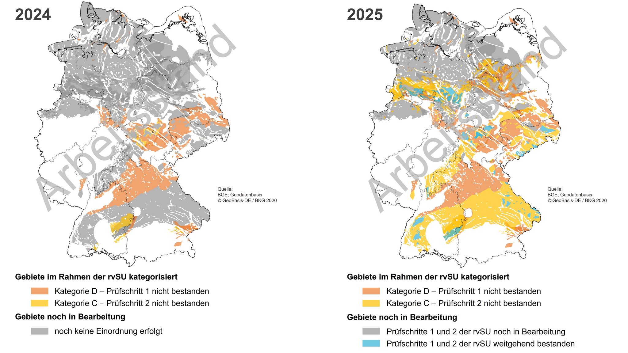 Die Grafik zeigt die Entwicklung der Arbeitsstände von 2024 und 2025 im Bezug auf geeignete Standorte für ein Atommüll-Endlager in Deutschland.