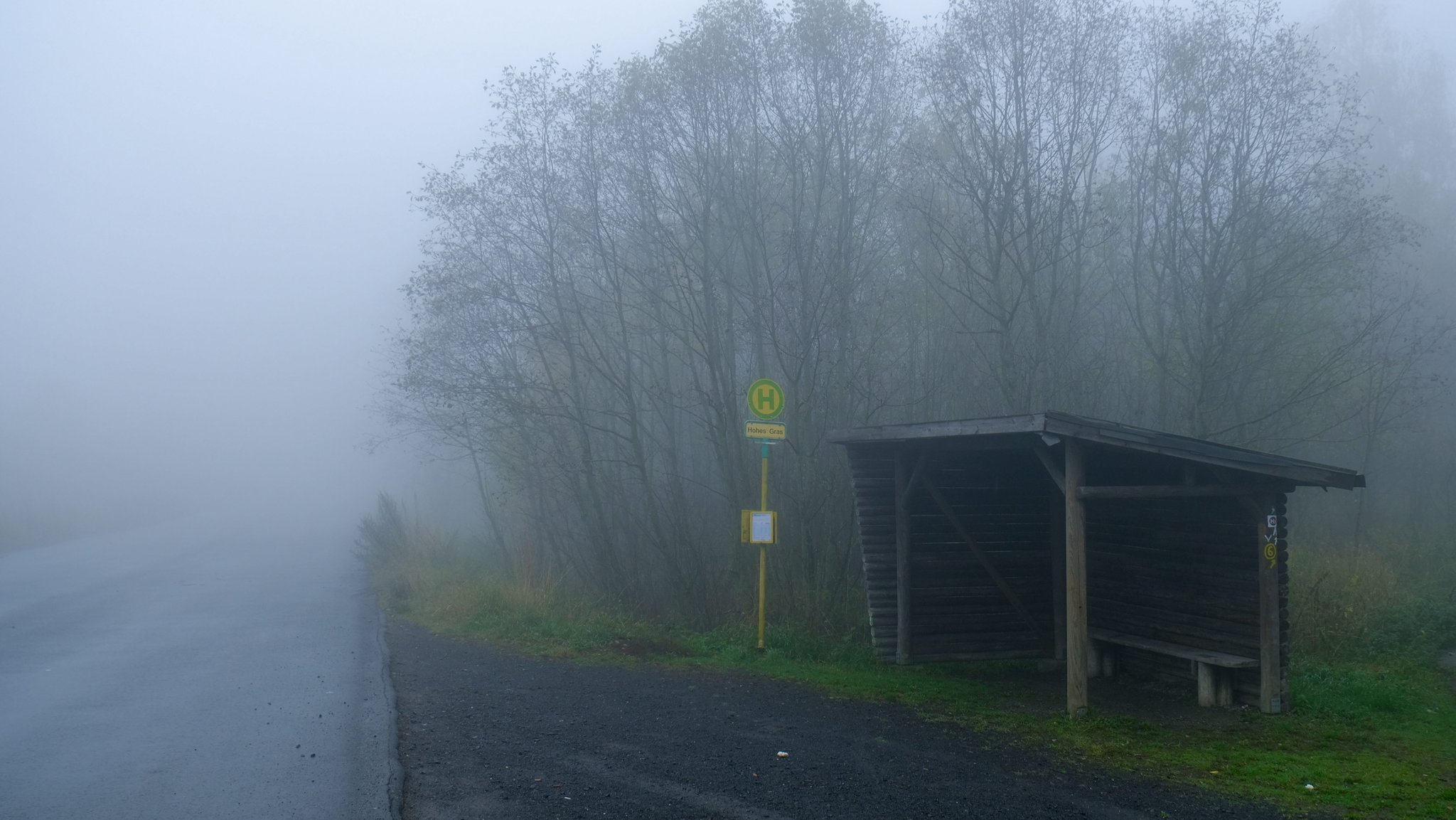 Verwaiste Bushaltestelle im Nebel